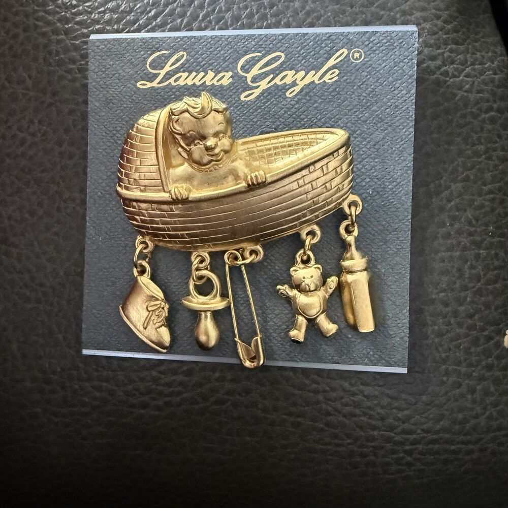 Baby With Dangling Charms Gold Tone Vintage Brooch Jewelry